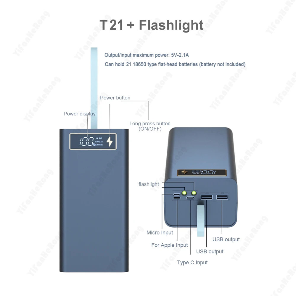 21x18650 Battery Charger Box with Flashlight Power Bank Holder DIY Shell Case Dual USB 18650 Battery Shell Storage Organize T21