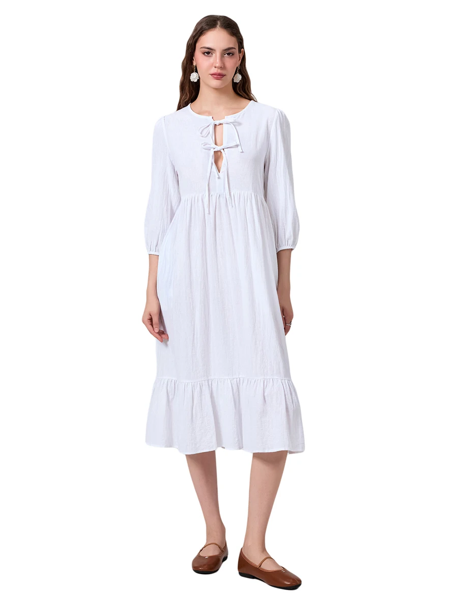 فستان نسائي طويل بلون سادة برباط أمامي فستان فضفاض صيفي كبير سوينغ 3 4 كم فستان كاجوال