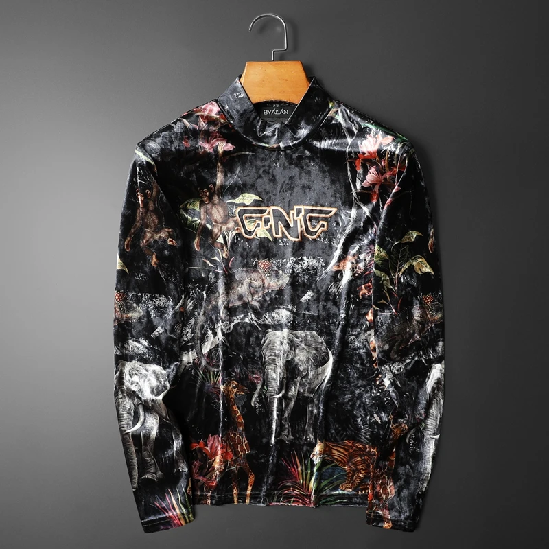 

3D Animal Digital Print Casual Slim Fit Long Sleeved T Shirt Men Autumn New Quality Velvet Soft Comfortable Turtleneck Camisetas