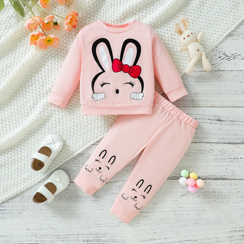 

SUNSIOM Baby Girls 2pcs Outfit Bunny Print Long Sleeve Crew Neck Sweatshirt with Elastic Waist Sweatpants Toddler Fall Clothes