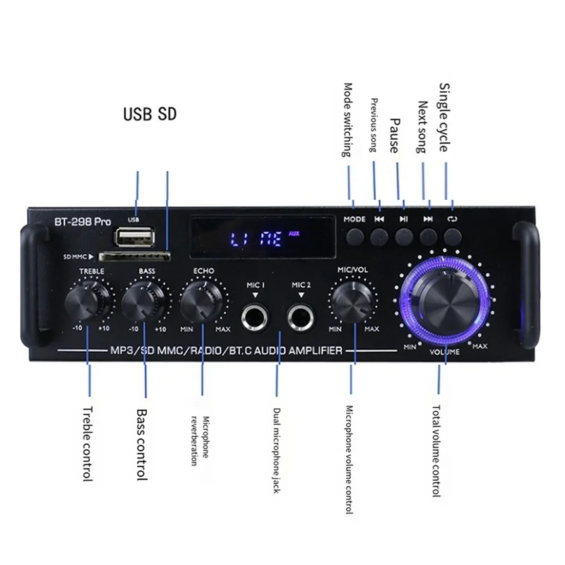 

Amplifier Bt 298 Pro Home Theater Amplifier Karaoke Dual Channel Stereo Bluetooth 5.0 Maximum 800W New Upgrade EU Plug Durable