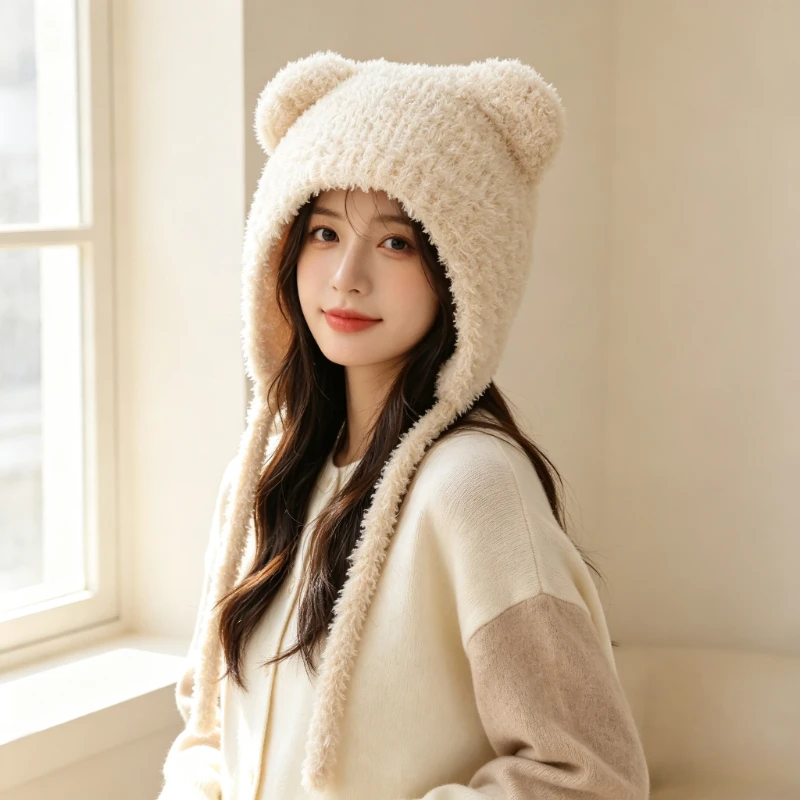 2 women's winter hats, warm hats, knitted ear protection hats, sweet and youthful looking, cold resistant woolen hats