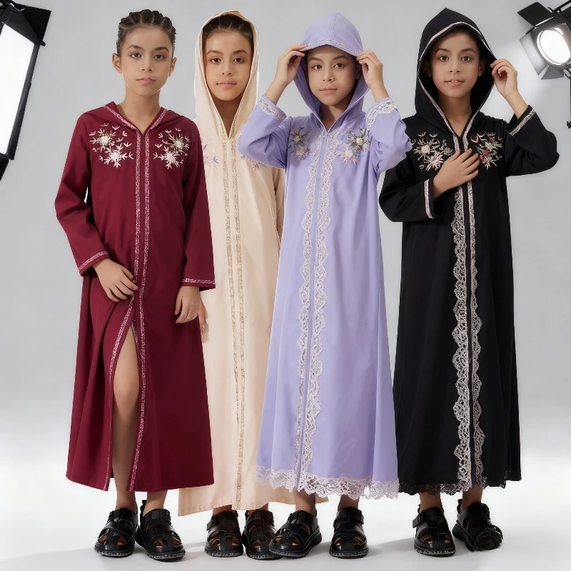 Embroidered Muslim Girl Hooded Dress for Eid Al Fitr Ramadan Islamic Ribbon Dress