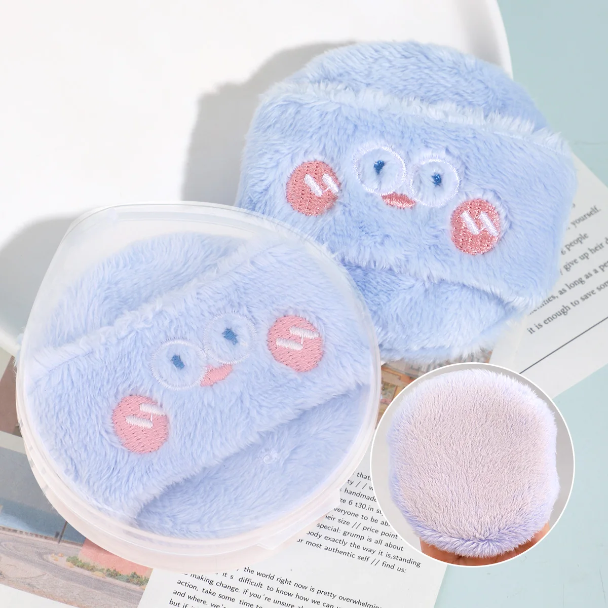 1PC blue makeup velvet puff+storage box, suitable for loose powder, powder products, portable storage box for easy storage