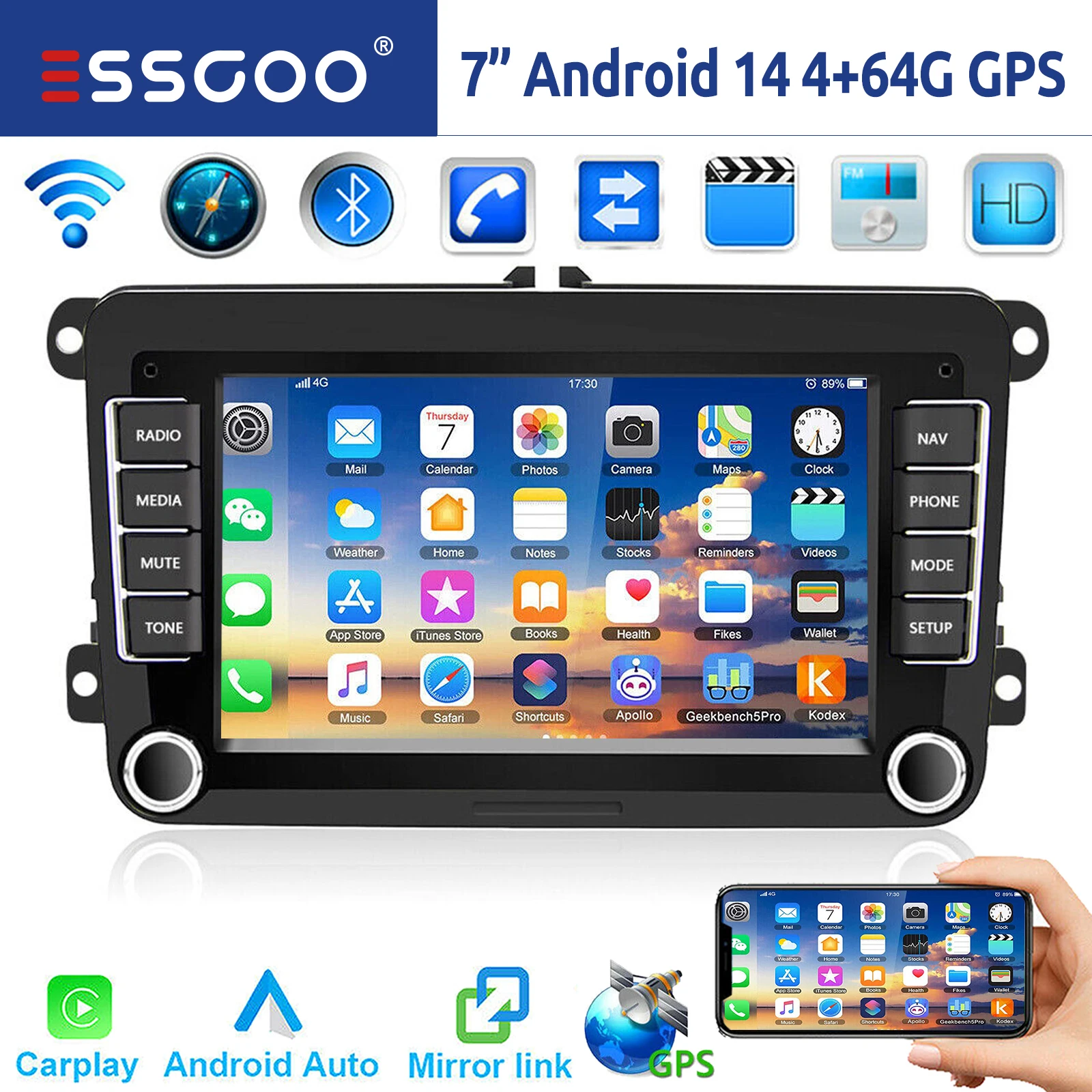 ESSGOO Autoradio 7" Android 14 4G+64G Apple Carplay GPS NAVI WIFI RDS FM Bluetooth pour VW Golf 5 6 Passat Polo 6R Touran Tiguan Caddy EOS Jetta Seat Skoda Écran Tactile Mirror Link USB Android Auto