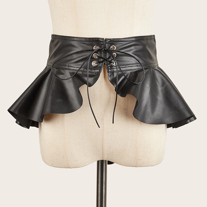 Woman Wide Black Corset Belt High Waist Ruffle Skirt Waist Belt Layered Swallow Tail Waist Seal Lace-up PU Leather Cummerbunds