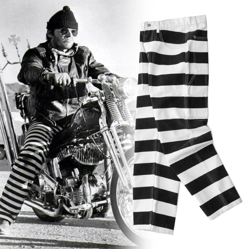 16oz 100% Cotton Heavyweight Striped Work Pants - Thick Canvas Rock & Roll Motorcycle Trousers / Amekaji Rider's Jeans OKONKWO