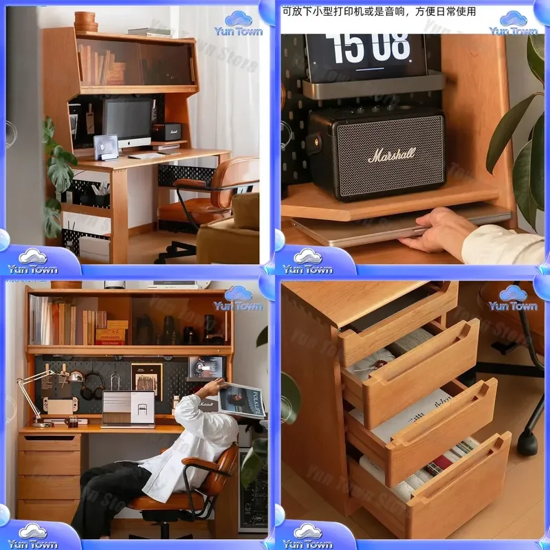 Nordic Simple Solid Wood Cherry Wood Desk Bookshelf Integrated Black Walnut Computer Desk for Children Study Table Home
