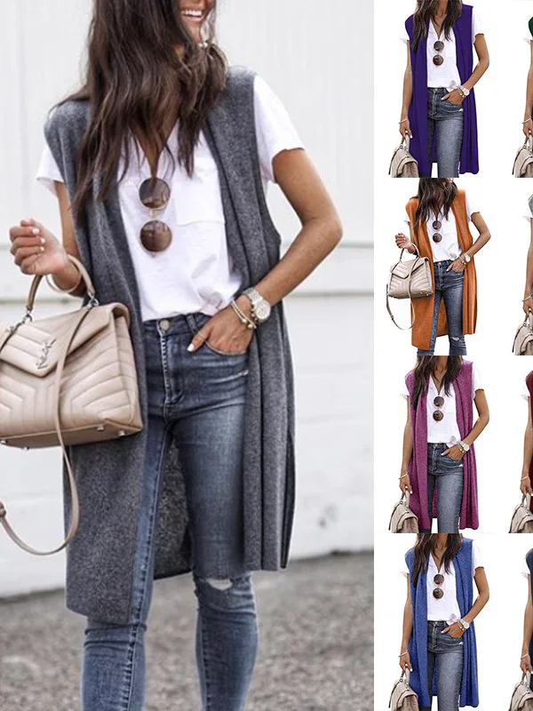 

Casual Knitted Vest Pure Color Medium Long Jaet Women's Faion Leisure Outerwear Thiened Autumn Season Chinese Origin