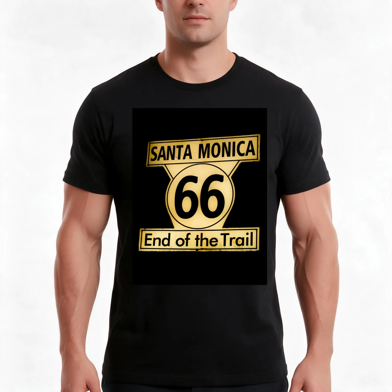 Route 66 End of the Trail at Santa Monica Pier, California, USA T-Shirt, Summer Casual Cotton Tee, Oversized Streetwear Tops