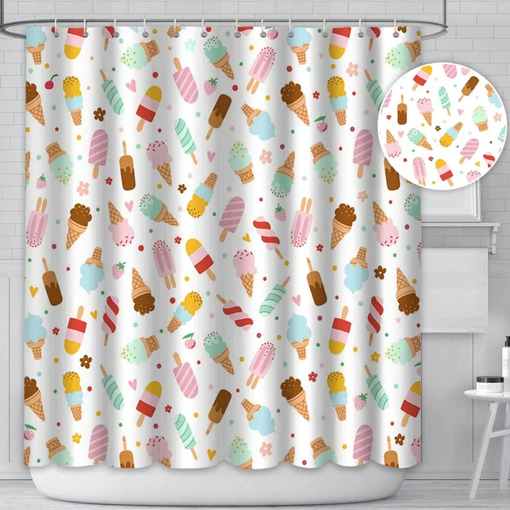 Ice Cream Shower Curtain Summer Flower Rainbow Popsicle Colorful Dots Design Fabric Waterproof Bath Curtain Bathroom Curtain Set