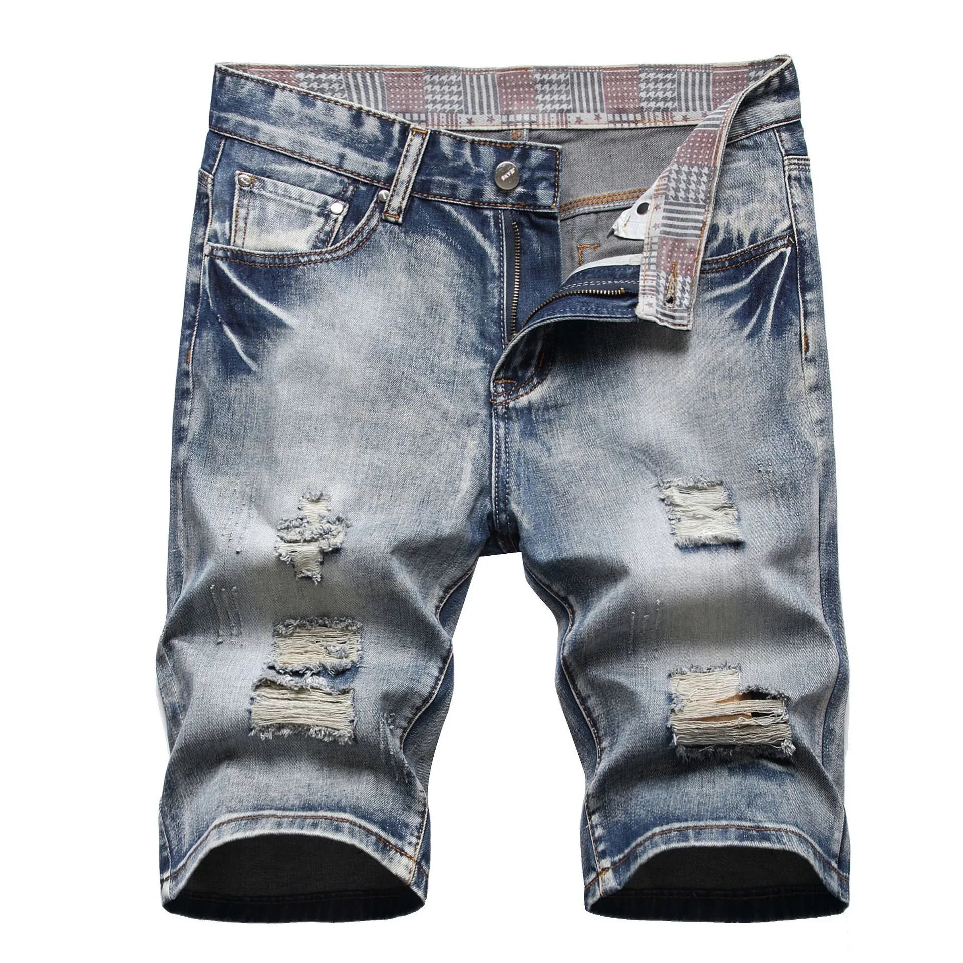 Europe and the United States fashionable men's summer five point shorts ripped nostalgia fashion slim jeans  trousers