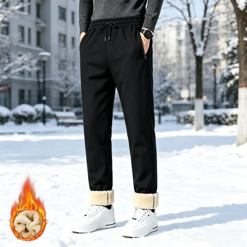 Winter men's warm long pants, autumn and winter style, lambswool casual pants, men's windproof large size, men's winter clothing