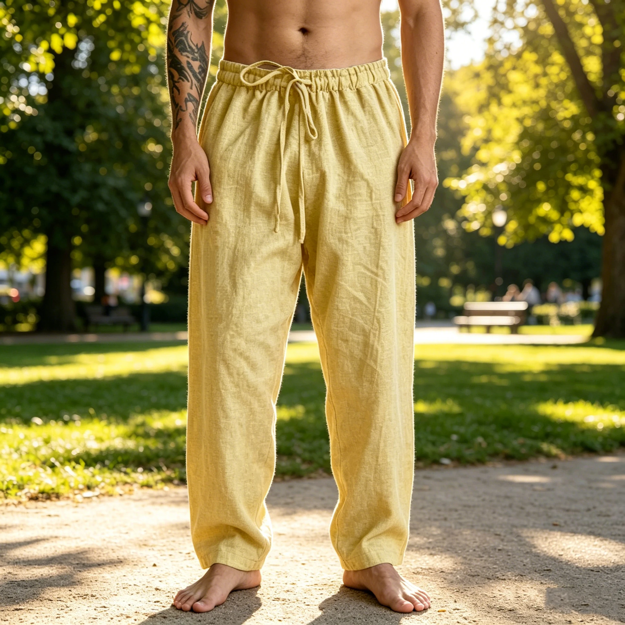 Summer Men's Linen Casual Pants Elastic Drawstring Waist Loose Fit Wide Leg Trousers Breathable Beach Home Straight Leg Pants