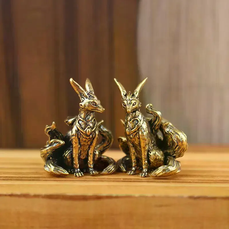 1Pcs Nine Tailed Fox Miniature Figurines Desk Ornament Brass Mythical Fox Statue Mini Copper Animal Sculpture Home Decor Crafts