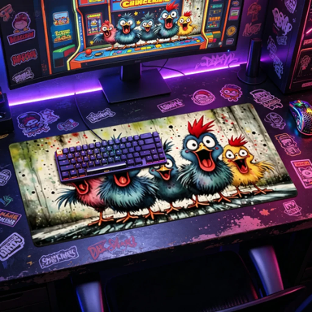 Pink Bow Heart Desk Mat, Retro Angry Chick Mouse Pad, Blue Fish PC Accessory, Rainbow Nebula Desk Mat, Purple Heart Mat.