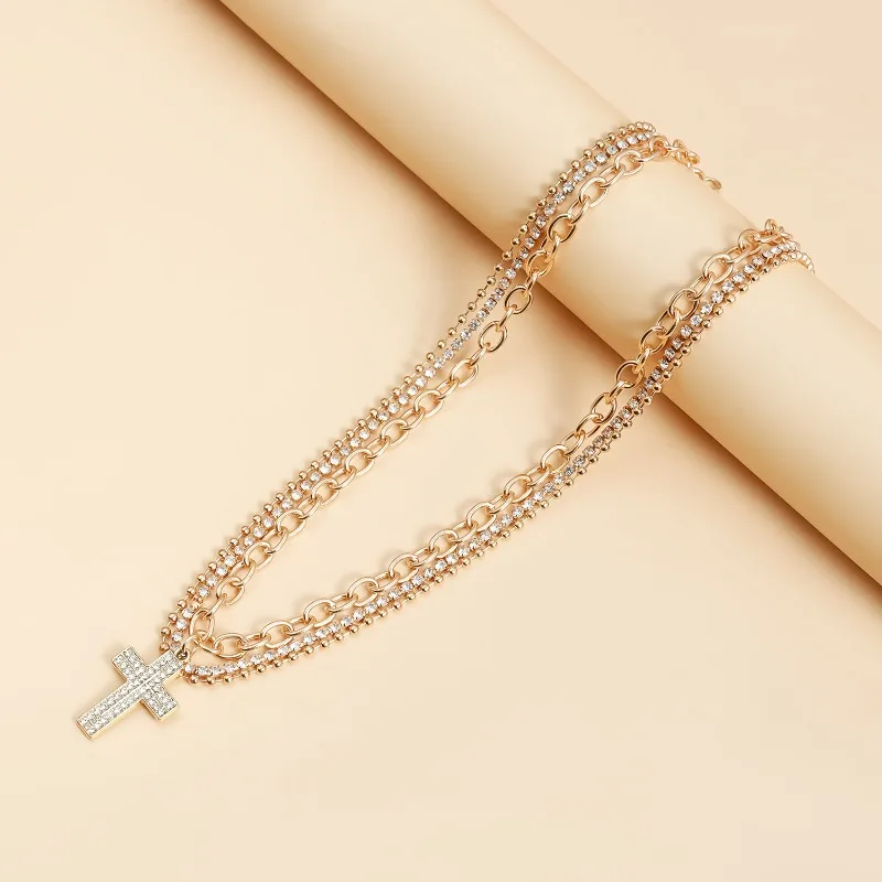 Colar com Pingente de Cruz de Zircônia, Colares em Camadas para Mulheres, Joias de Corrente para Clavícula, Presentes para Festas de Aniversário