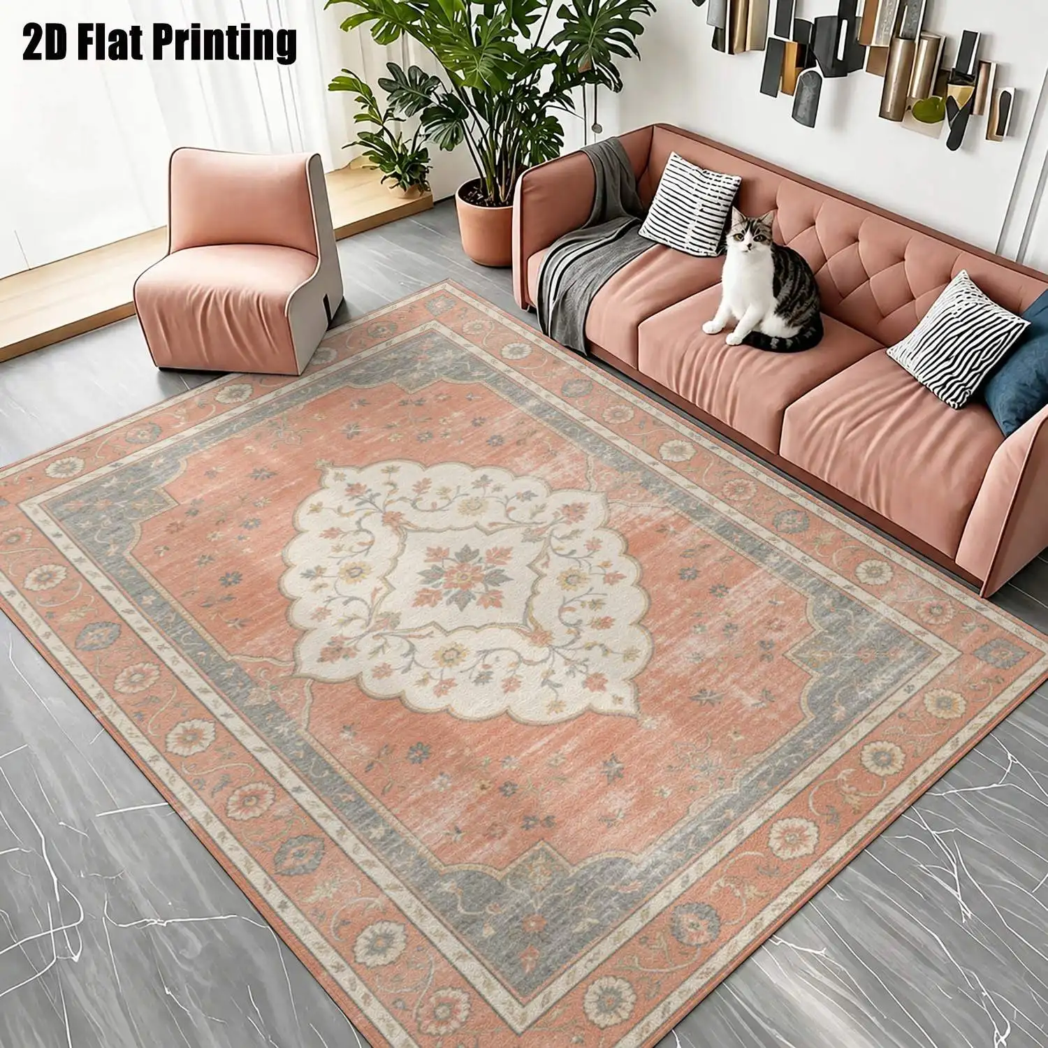 1Pc 2D Printed Retro Pink Floral Carpet: European, Vintage, Geometric, Bohemian Style, Machine Washable, Multi-Size, for Home Decoration, Entrance/Dining Room/Foyer/Bedroom/Living Room