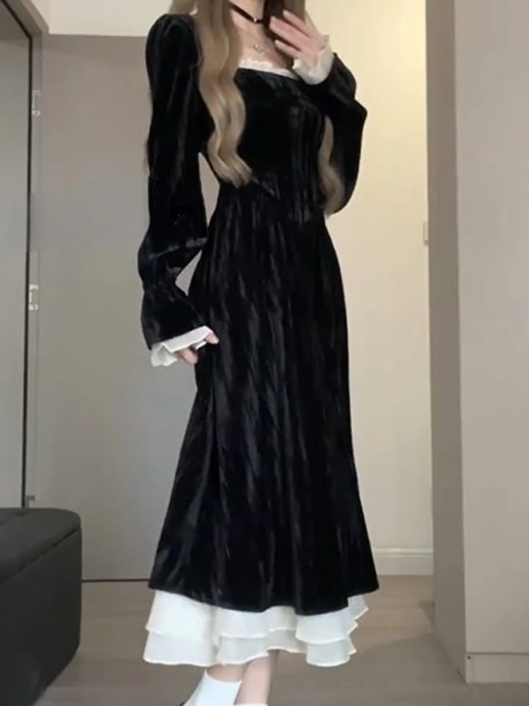Dress Women Velvet Simple A-line All-match Fashion Square Collar Casual Vintage Comfortable Korean Style Female Elegant Autumn