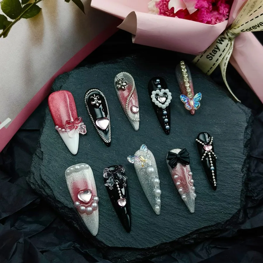 

10pcs Handmade Press On Nails, New 3D Removable Use Press-On Nails, Long Pointed Style, Sticker Style, Reusable Nails,