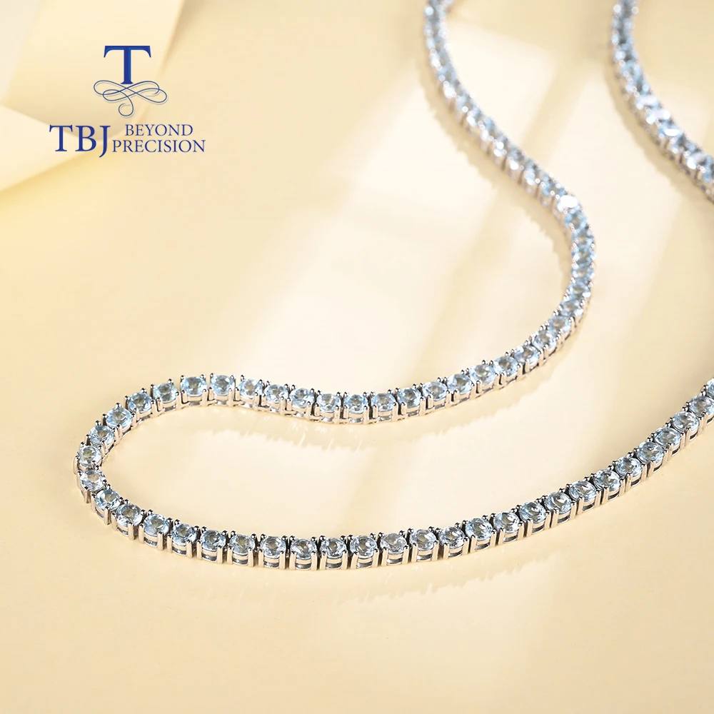 Simple tennius chain round 4mm natural sky blue Topaz necklace for women 925 sterling silver anniversary engagement banquet wear