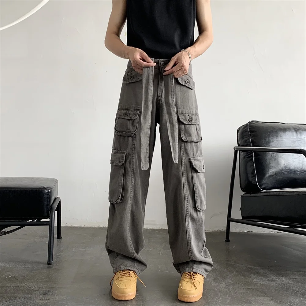 

Мужские летние джинсы в стиле High Street Vibe, американские хип-хоп брюки с множеством карманов, прямые брюки в стиле милитари с завязками на талии
