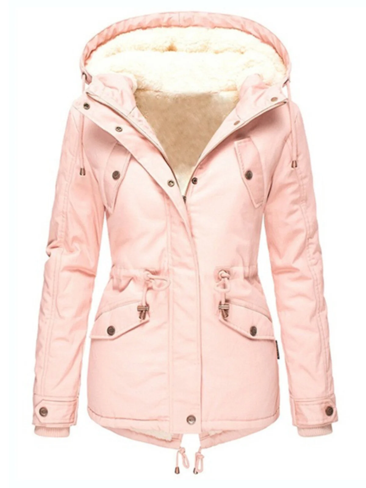 plus Size Women's Autumn Winter Thickened Fleece Lined Pocketed Waist Cinching mid Length Warm Cotton Jacket Coat with Hood