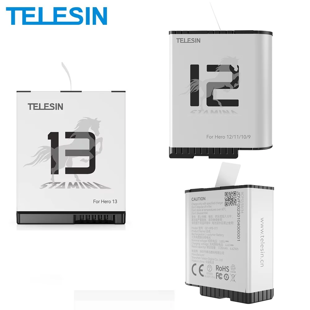 TELESIN 1750mAh Endurence Battery Stamina Battery + Battery Case For GoPro 9 10 11 12  13 GoPro13 1950mAh Battery