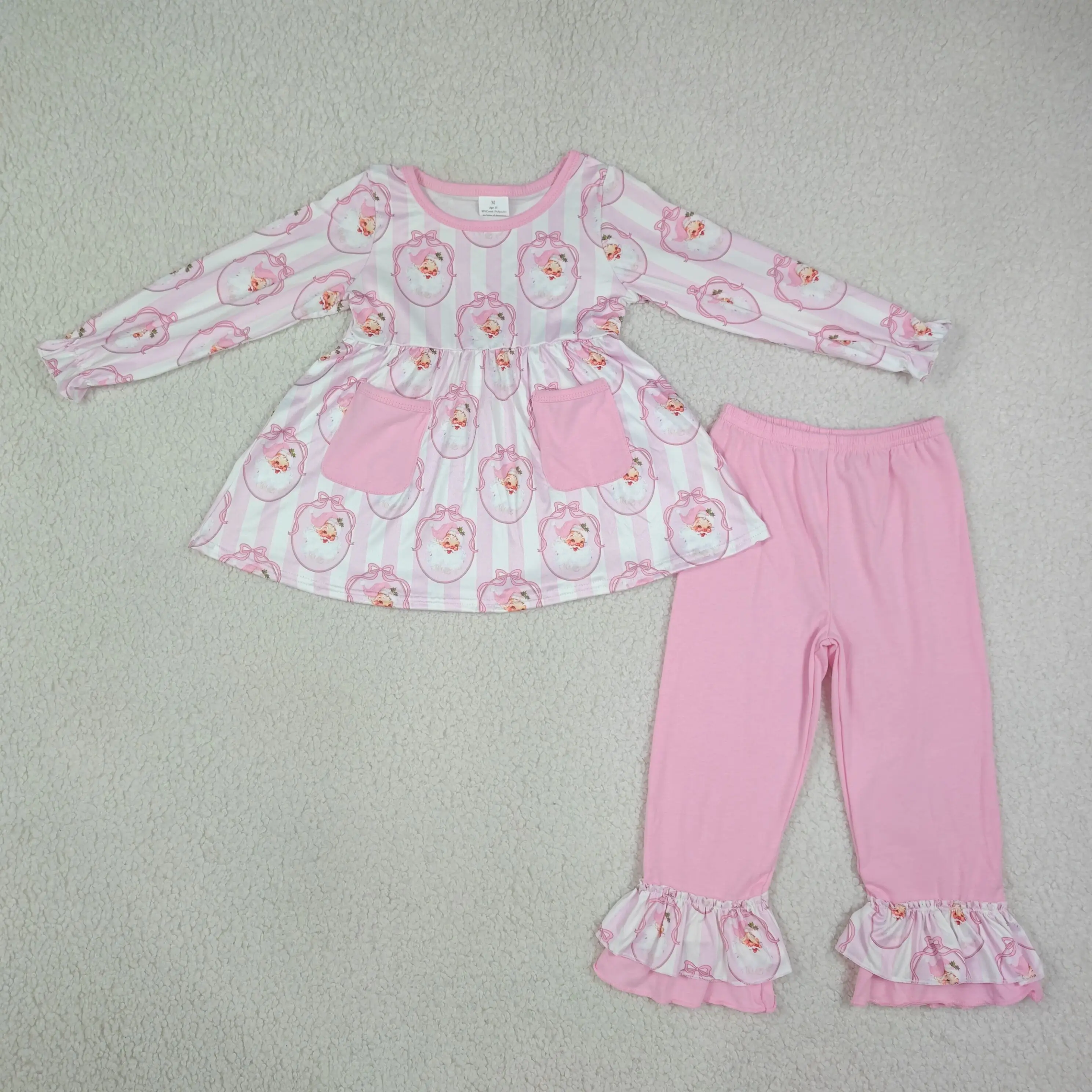 Wholesale Toddler Kids Christmas Pockets Set Santa Bows Stripes Tunic Baby Girl Clothing Ruffle Pants Girls Children Outfit