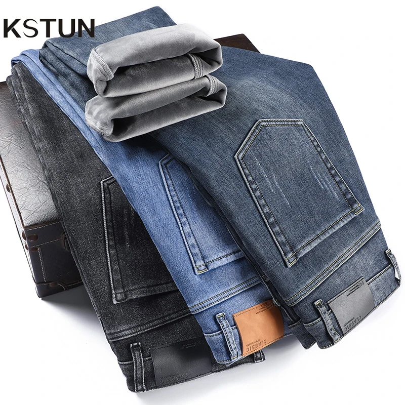 

KSTUN 2025 зимние джинсы для мужчин, флисовые теплые джинсы, прямые эластичные деловые повседневные мужские брюки, джинсовые брюки, плотная уличная одежда