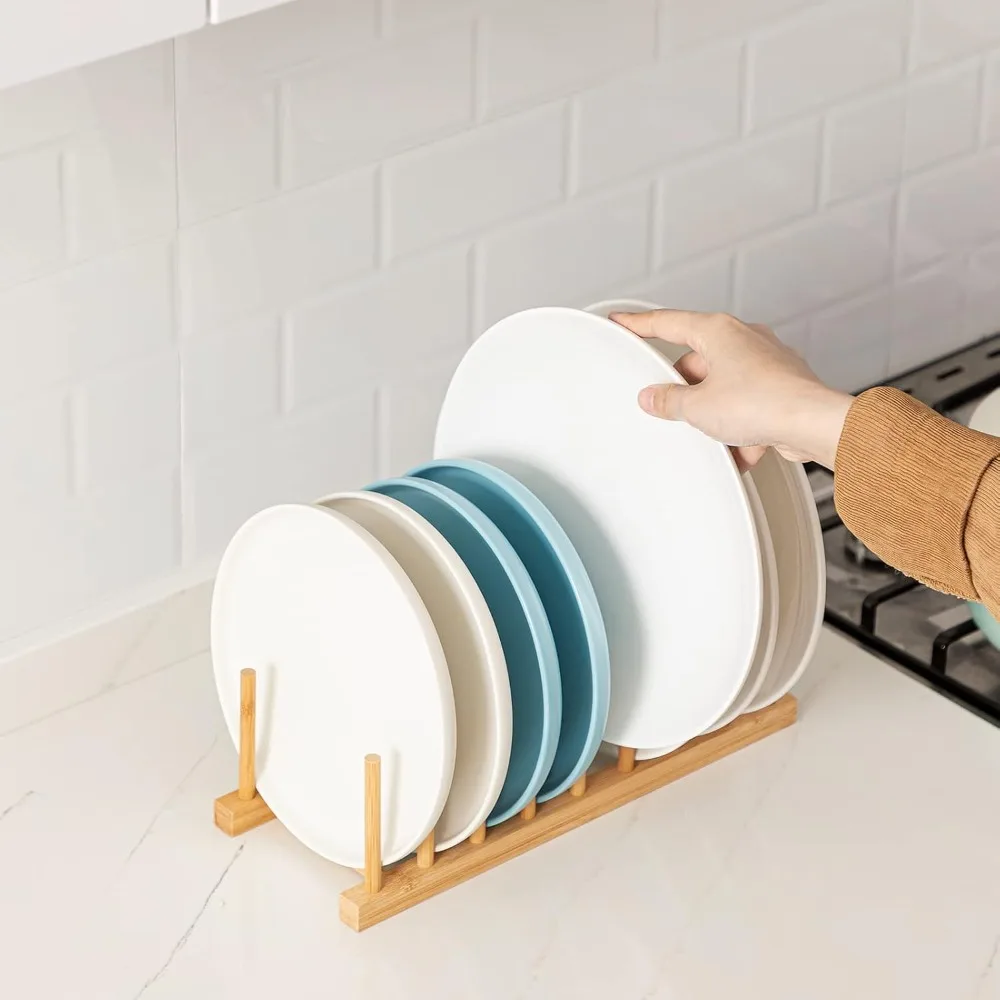 2-Pack Bamboo Kitchen Organizer Set with Adjustable Dish Drying Rack, Plate Bowl Cup Holder, Cutting Board Storage, Pot Lid Stand, and Drainer for Countertop Cabinet, Space-Saving Multifunctional Home Kitchen Accessories - view 4