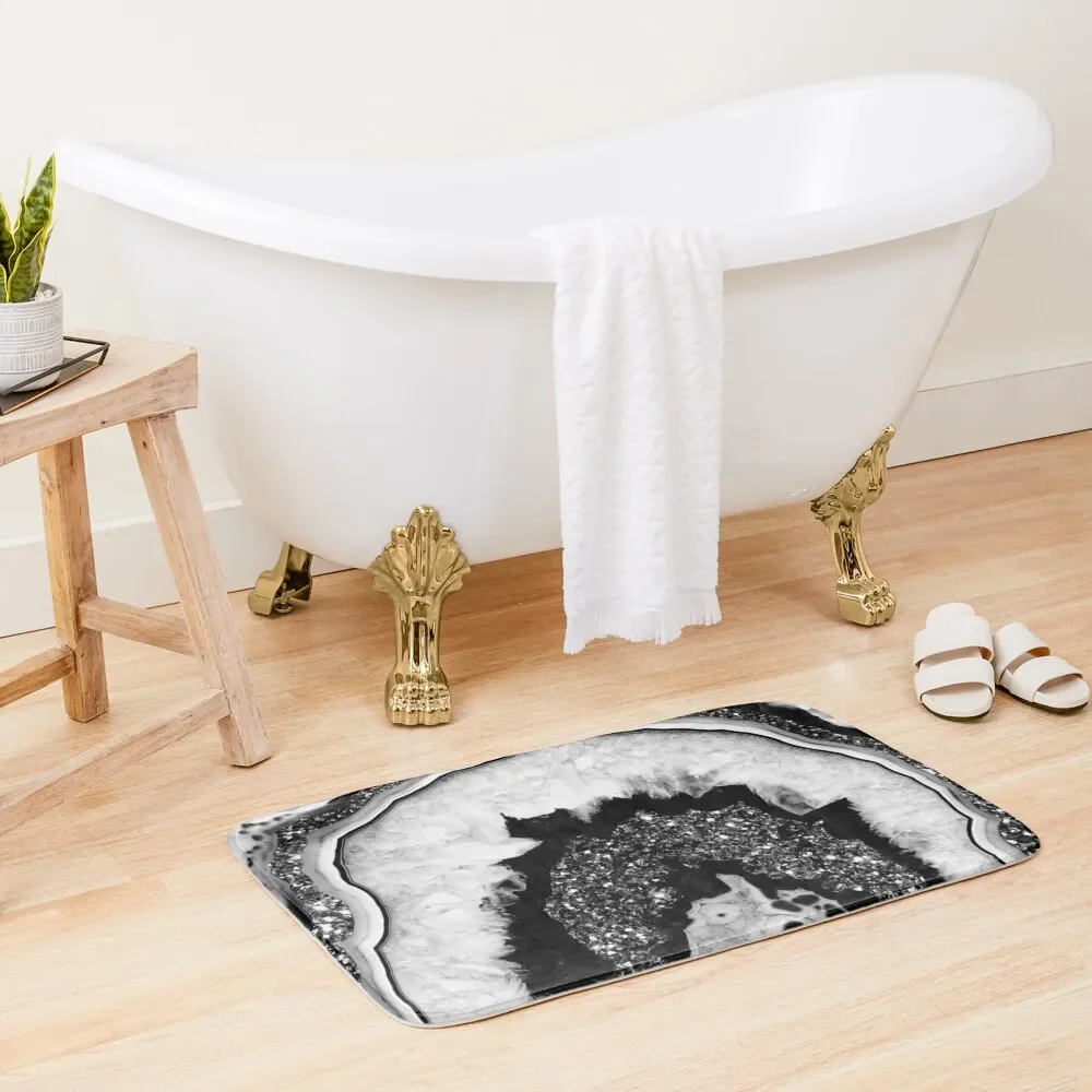 

Gray Black White Agate with Black Silver Glitter #2a (Faux Glitter) #gem #decor #art Bath Mat Quick-Drying Bathroom Mat
