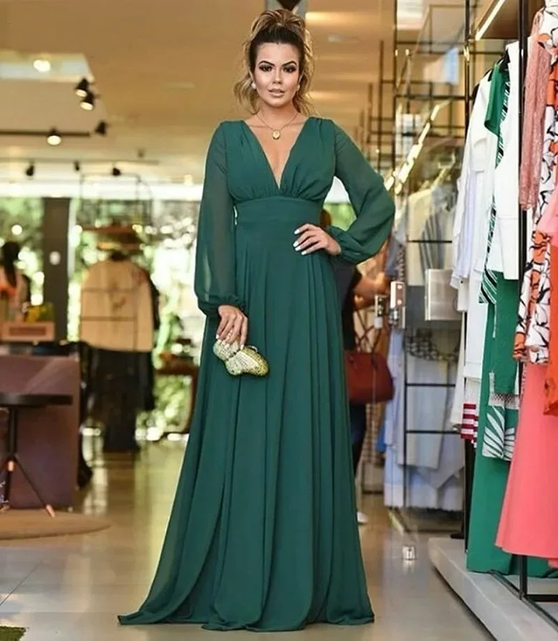 

A-line Full Sleeves Dark Green Evening Dresses V-Neck Chiffon Groom Formal Long Mother Of The Bride Dresses Party Gowns