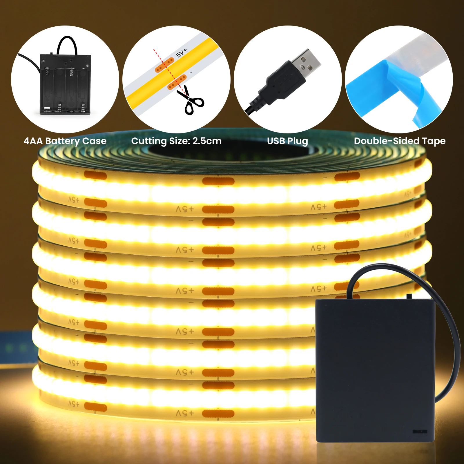 USB 5V COB LED Strip Light 4AA Battery Powered Flexible Diode Tape 8MM Warm Natural White Ice Blue Led Ribbon Cabinet Lighting