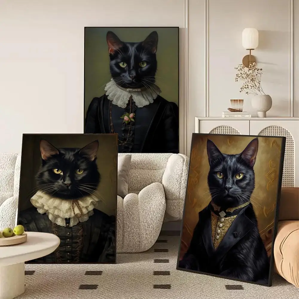 Renaissance Cat Portrait Black Cat  Painting Calligraphy Wall Art HD Canvas Posters Prints Home Bedroom Living Room Decor Gift
