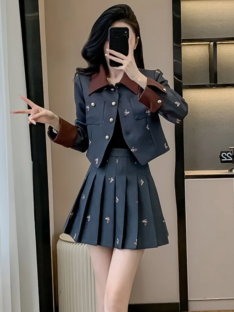 2024 Autumn Light Luxury Temperament Fashionable Suit Design Sense Heavy Embroidery Butterfly Suit Jacket + Half Pleated Skirts