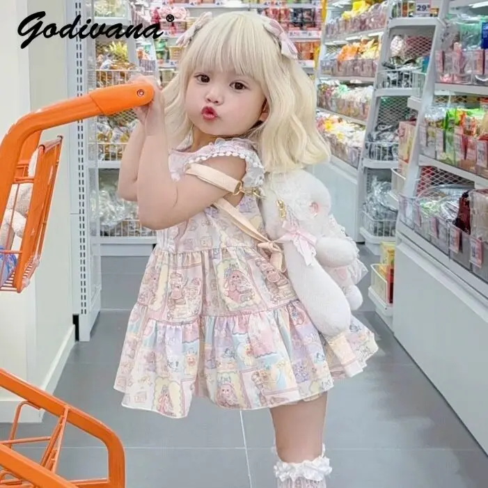 Original 2026 New Summer Cute Baby Girls Sleeveless Lolita Dress Kids Sweet Ruffle Trim Cartoon Print Bow Dress Including Shorts