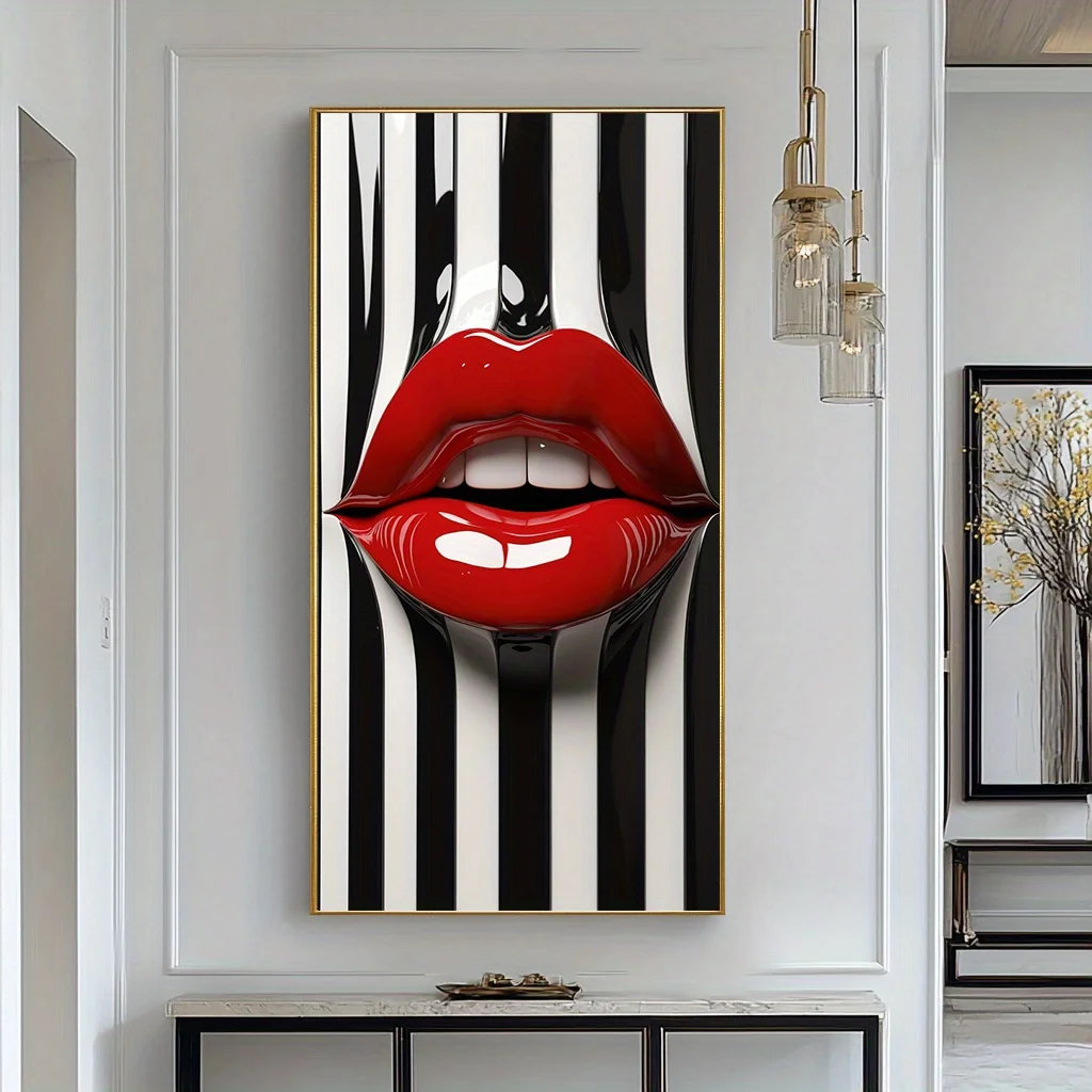 

2D Flat Abstract Lip with Black White Stripes Canvas Wall Art, Unframed Modern Interesting Canvas Painting for Living Room Decor
