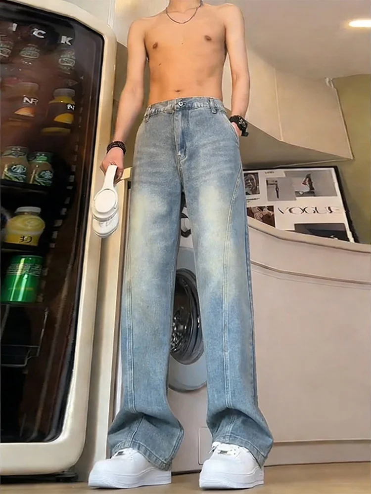 

Мужские джинсы-брюки прямого кроя в стиле ретро, синие, утепленные флисом, с высокой талией, средней посадкой, буткат, американский стиль, осень-зима