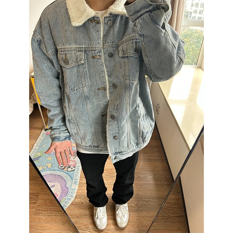 

Thickened Lamb Fur Denim Jacket Men's Autumn Winter Warm Cotton Workwear Jacket Loose Fit Youth Fashion Casual Long Sleeve