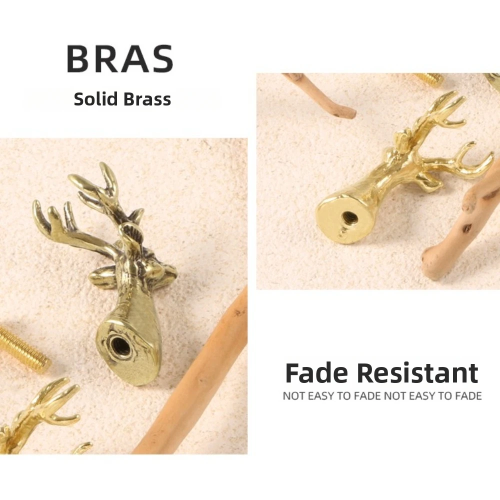 Retro Brass Cabinet Pull Single Hole Vintage Solid Deer Head Drawer Handle Home Decor Gold Wardrobe Door Handle with Screws