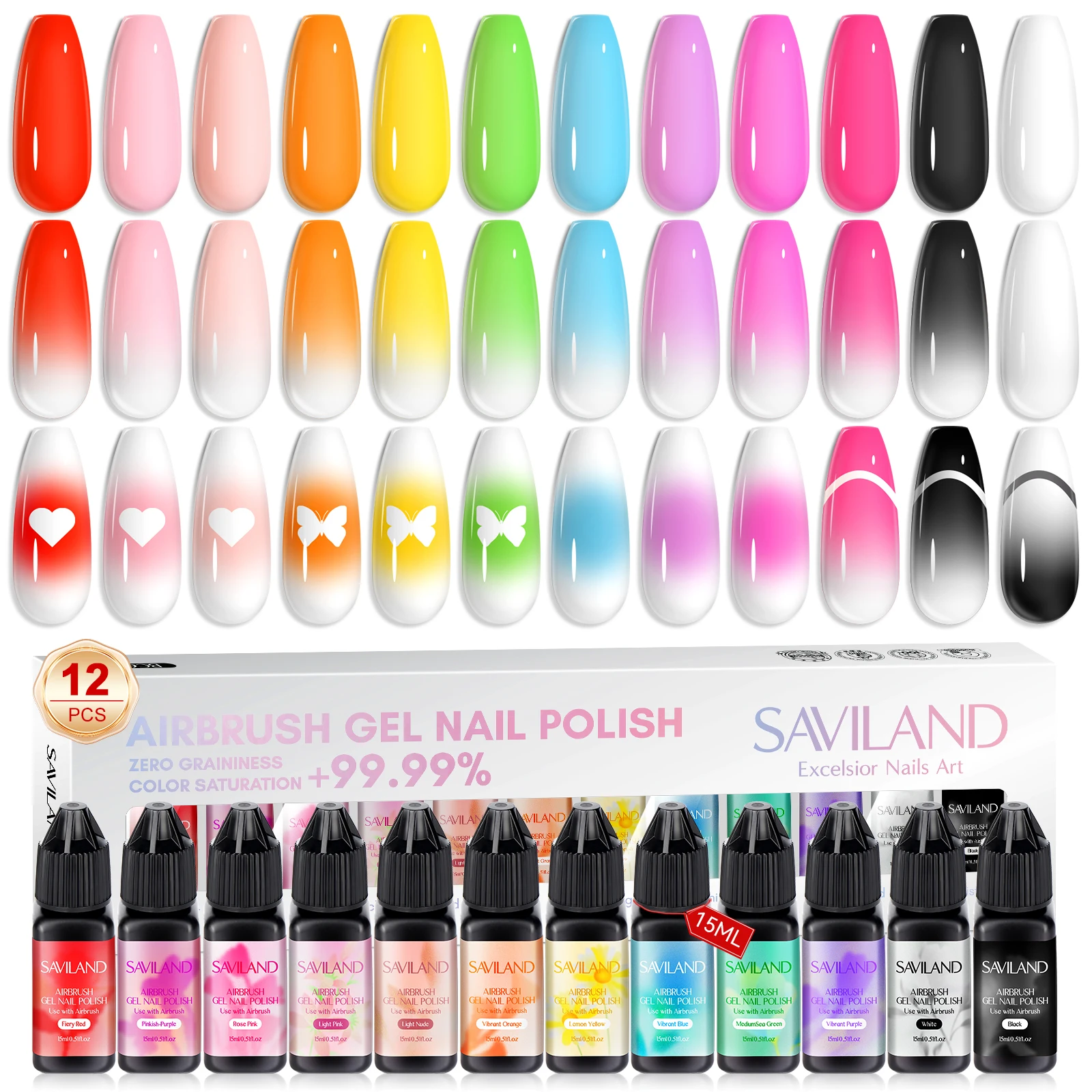 SAVILAND 12 Colors 15ml Airbrush Gel Nail Polish Vitality Neon Nail Polish for Color Spray Perfect Nail Polish Nail Art Design