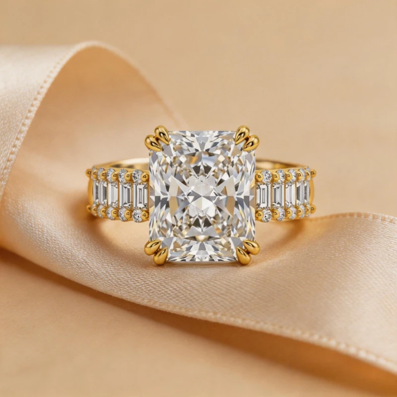 Radiant Cut Cubic Zirconia Engagement Ring Gold Color Baguette Side Stones Promise Wedding Band Rings for Women Jewelry Gift