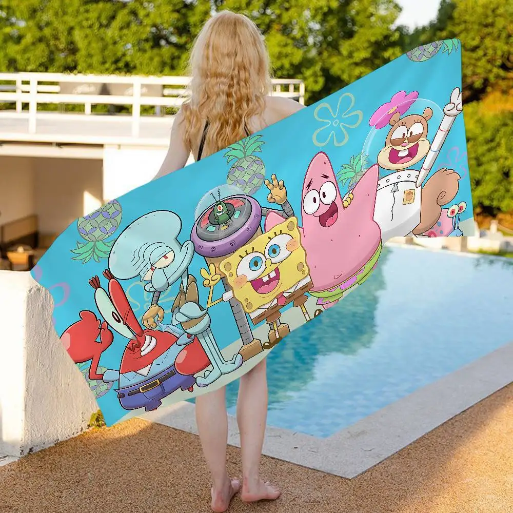 Anime S-SpongeBobes Cute Microfiber Blanket Quick Drying Beach Towels Oversized Printing Super Absorbent Pool Towel Blanket