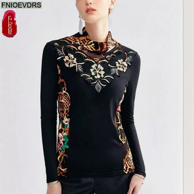 

Flower Turtleneck Tops Blouses New Year Elegant Lady Slim Fitted Patchwork Lace Embroidery Top Retro Vintage Woman Basics Shirts