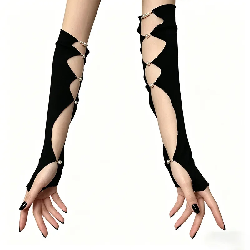 Y2K Gothic Fishnet Fingerless Gloves Pearl Embellished Arm Sleeves Punk Women Accessories