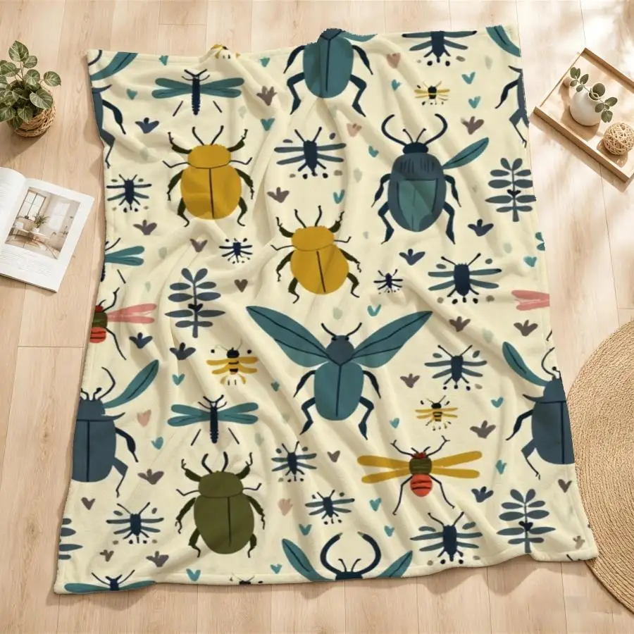 Cozy Pastel Insect Print Flannel Throw Blanket Suitable for Couch, Bed, Office & Travel - Soft Weighted Bedspread with Beetle, Dragonfly & Firefly Patterns, Cream Background, Machine Washable Warm Gift for &, - Bedding, 2D Flat