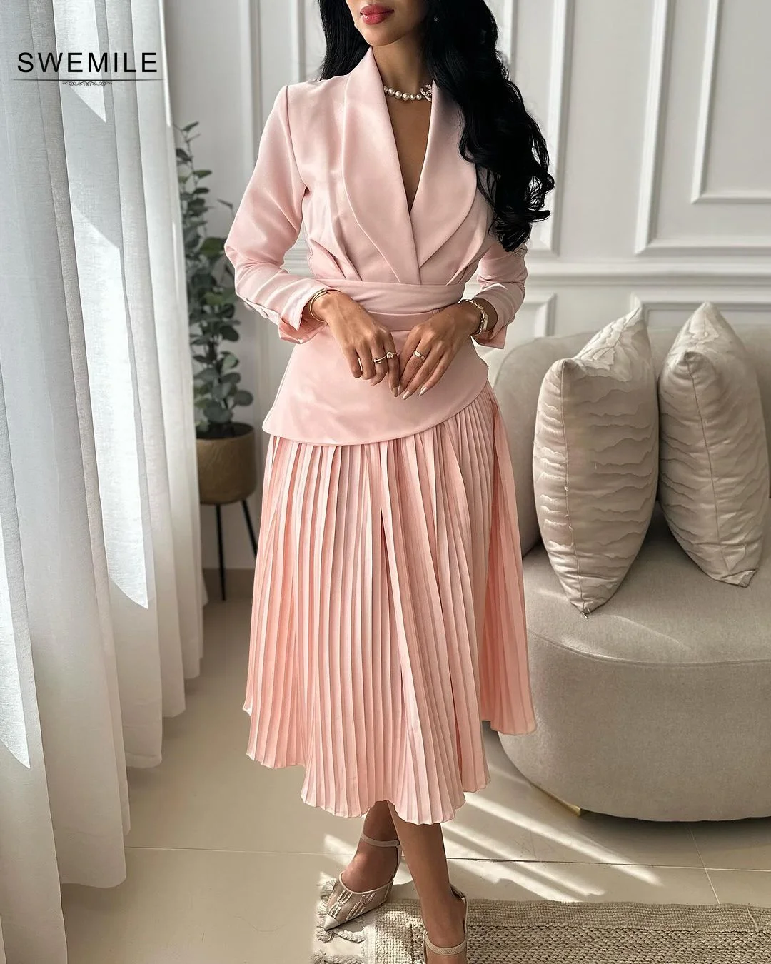 SWEMILE Pink Long Sleeves A-Line Dresses For Prom Elegant And Pretty Women\'S Dresses V-Neck Prom Dress Women Ankle-Length