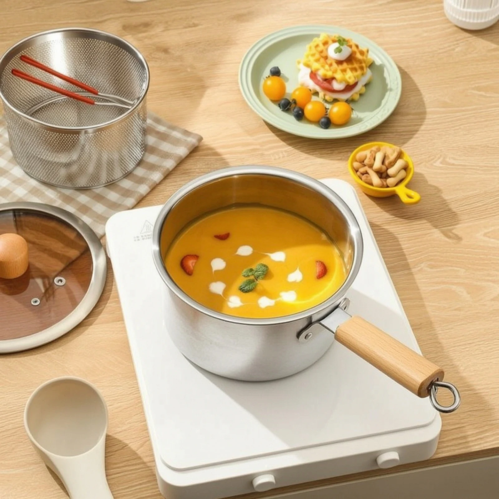 Milk Pot with Wooden Handle Compact Pot with Wooden Handle Butter Warmer Easy to Clean Saucepan Food-Grade for Singles