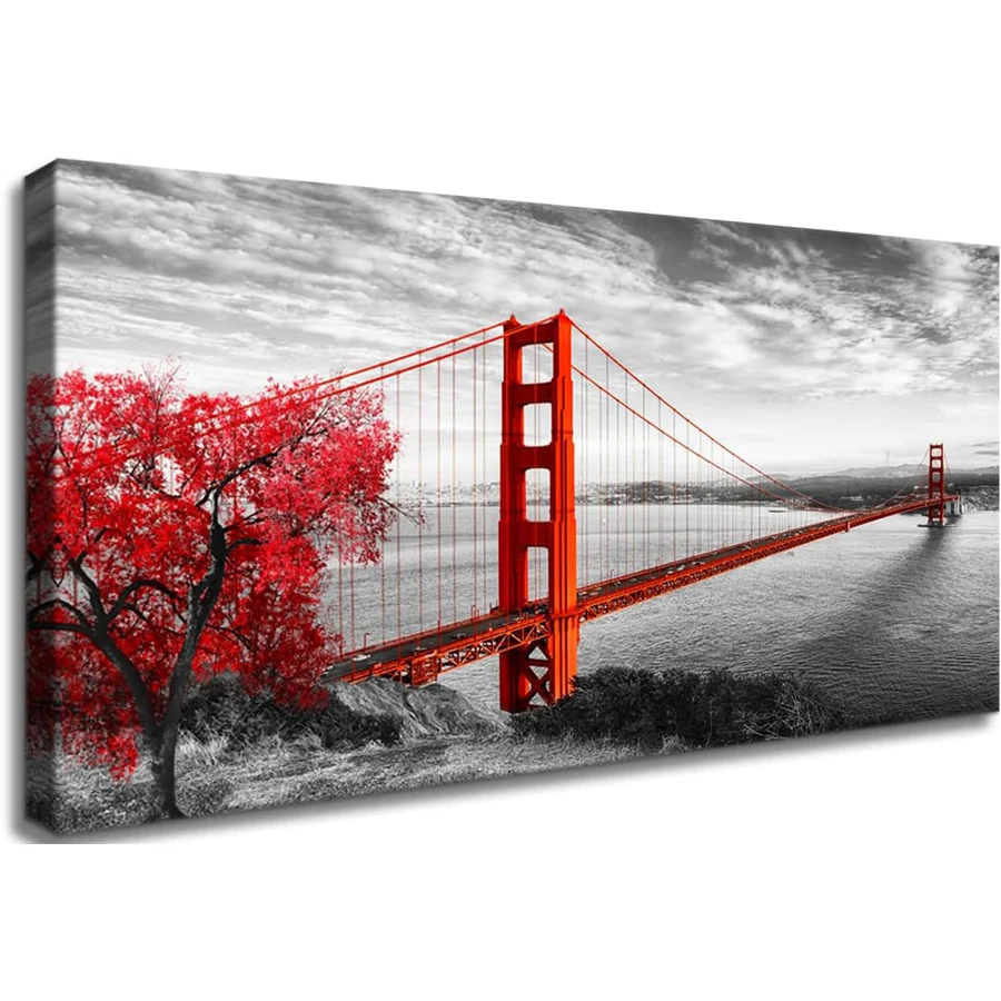 Mosaico de diamantes, arte de pared negro, blanco y rojo, pintura de diamantes de San Francisco, punto de cruz, decoración de vista de puente Golden Gate de California